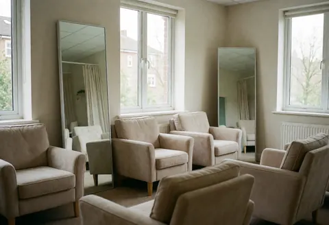 Beige armchairs and mirrors in a waiting room with natural light, ideal for piercing studio clients