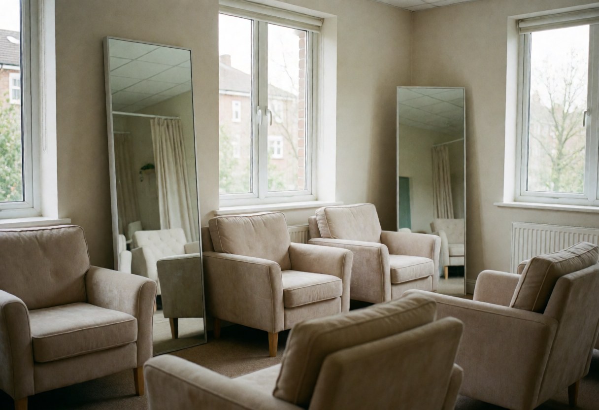 Beige armchairs and mirrors in a waiting room with natural light, ideal for piercing studio clients