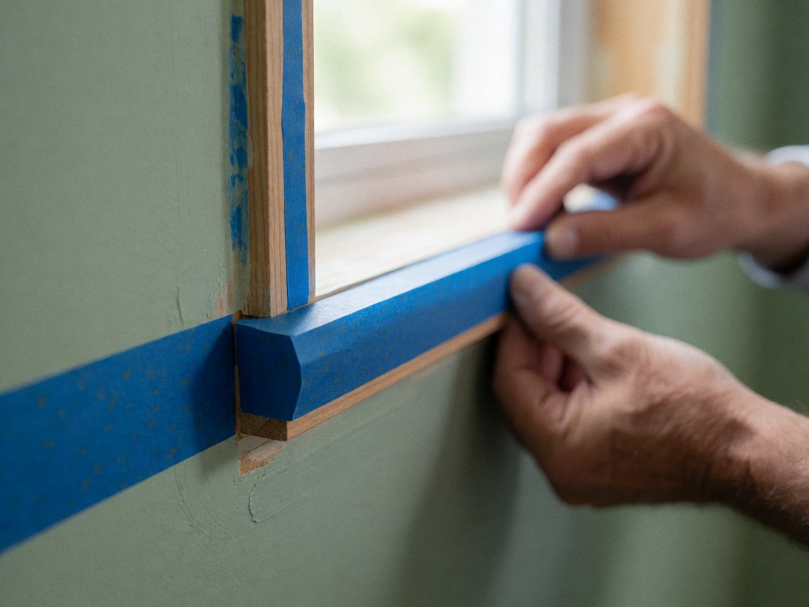 Close-up of hands carefully applying blue painter's tape to a window frame for precise painting, with a green wall and natural light visible in the background.