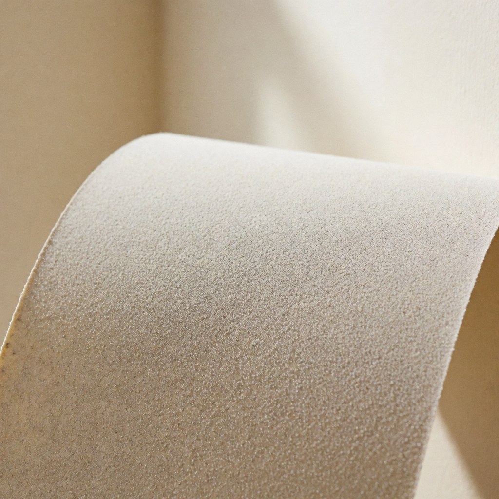 Close-up of fine-grit sandpaper sheet with visible texture and curved edge resting on a soft beige wall surface