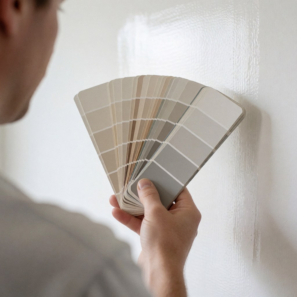 A hand holds a fan of neutral paint samples in front of a newly painted white wall to compare tones and select the ideal color.