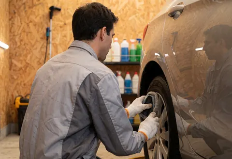 Technician in gray uniform applying polish to the rear wheel of a car in a workshop with wooden walls and cleaning products on shelves.