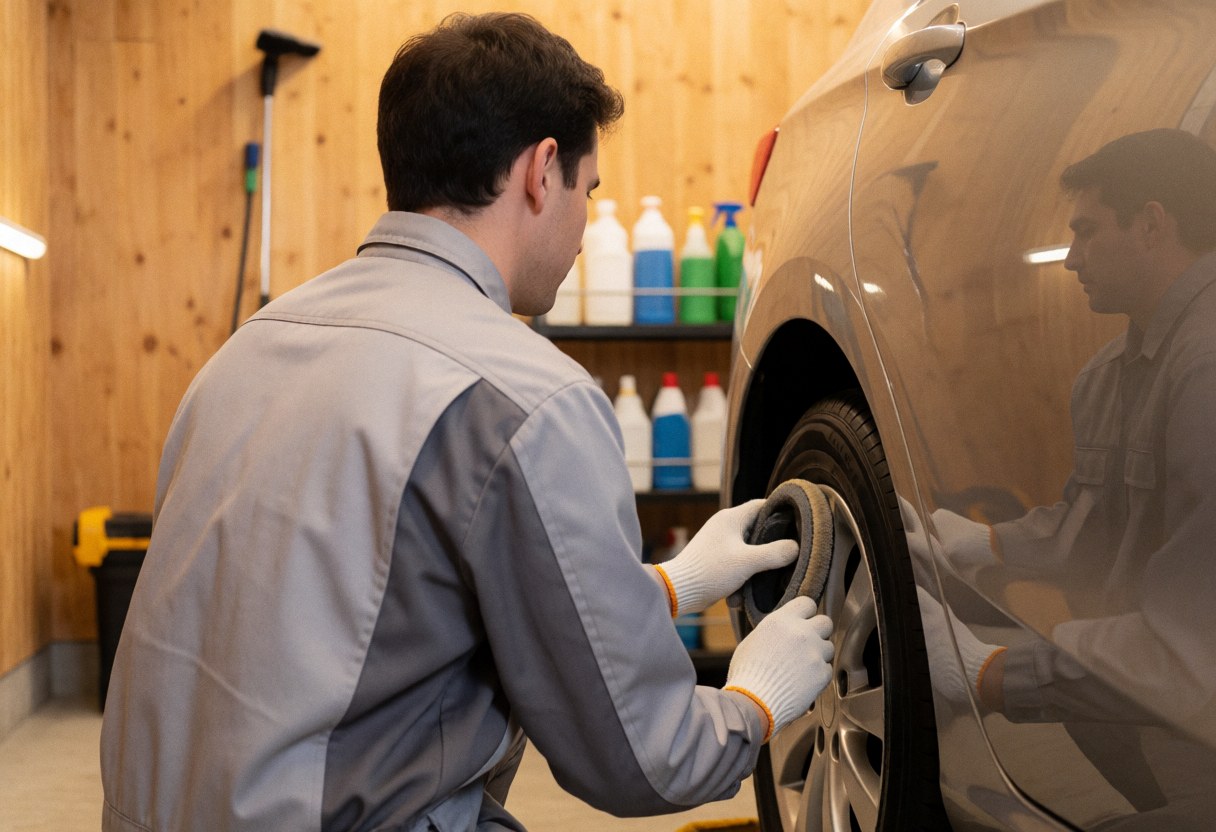 Technician in gray uniform applying polish to the rear wheel of a car in a workshop with wooden walls and cleaning products on shelves.