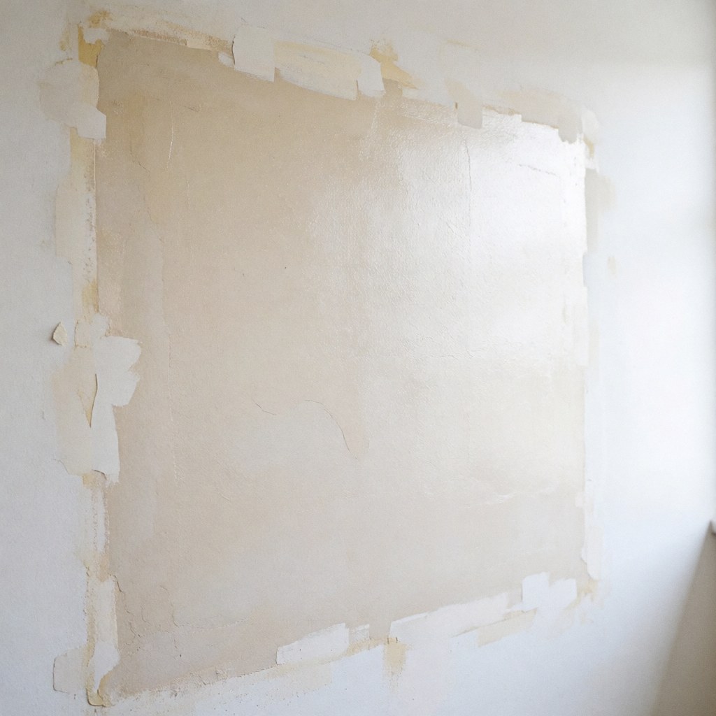 A repaired wall with smooth texture and adhesive tape along the edges, prepared for painting under bright and even lighting.