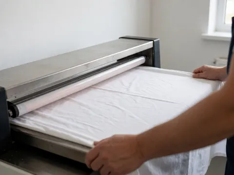 Close-up of hands using an industrial ironing machine to press a white sheet, highlighting the laundry service process.