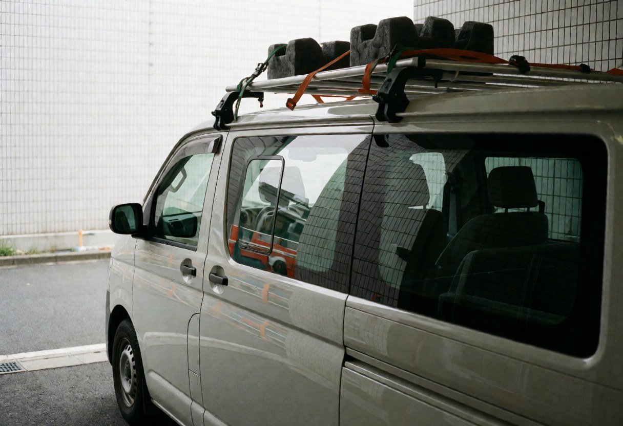 White service van equipped with a roof rack for transporting glass, parked near a metal mesh wall with reflections visible in the windows.
