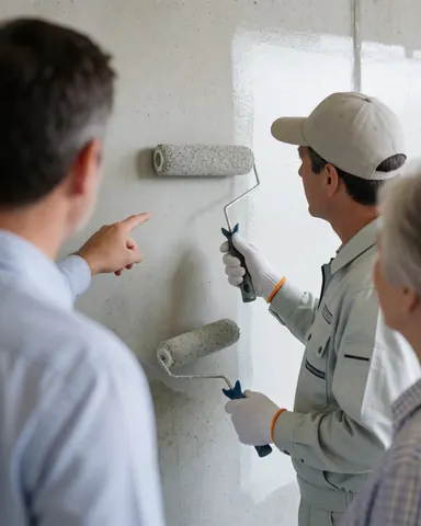 A painter uses a roller to apply a finish to a concrete wall while a customer observes and points, with tools visible nearby.