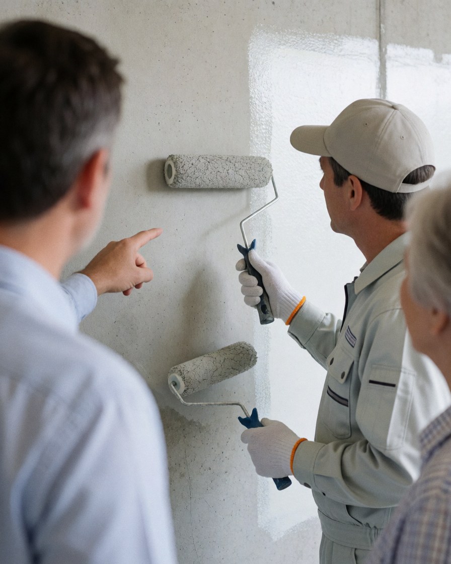 A painter uses a roller to apply a finish to a concrete wall while a customer observes and points, with tools visible nearby.