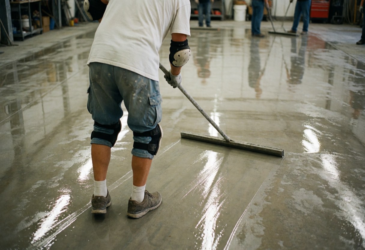 Professional painter using a roller to apply epoxy resin to a concrete garage floor, creating a glossy finish.