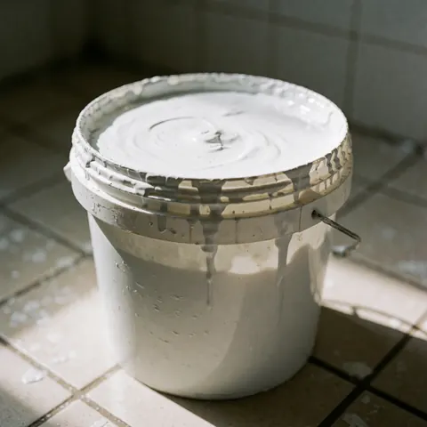 A white container holding thick white paint with drips falling onto a tiled floor illuminated by sunlight