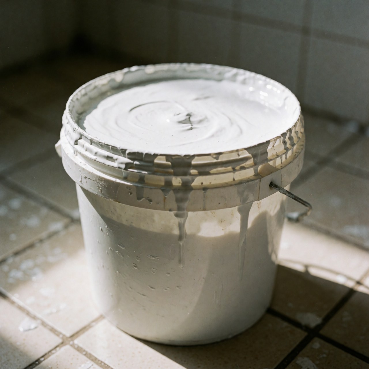 A white container holding thick white paint with drips falling onto a tiled floor illuminated by sunlight