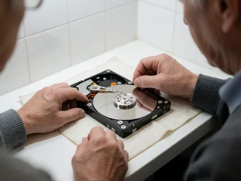 Close-up of technician hands manipulating hard drive platter and read head on white cloth during repair