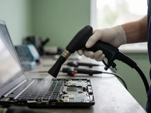 Close-up of a gloved hand using steam to clean a laptop fan, with tools visible in the blurred background against a green wall.