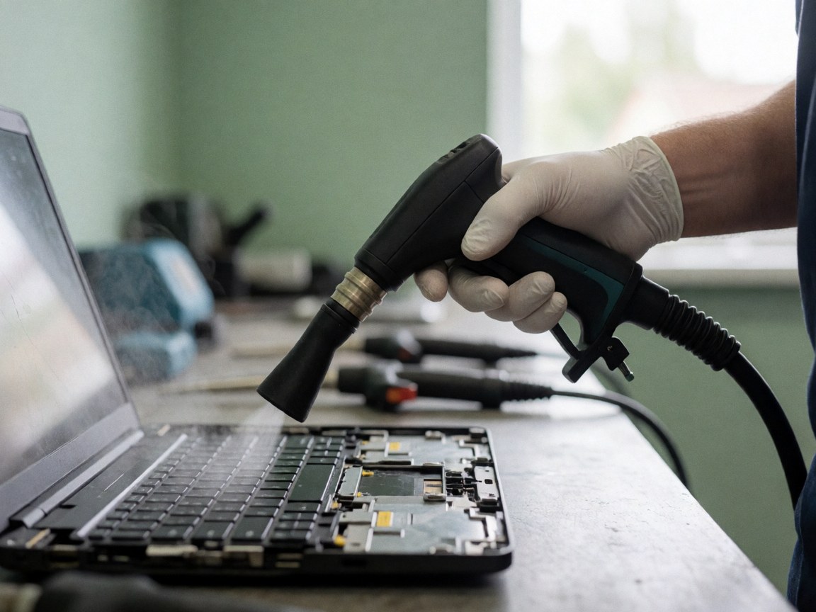 Close-up of a gloved hand using steam to clean a laptop fan, with tools visible in the blurred background against a green wall.