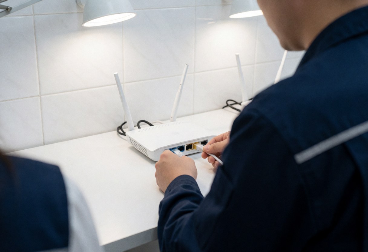 Technician in blue uniform connects Ethernet cable to white router on white desk with tiled wall background for computer repair service