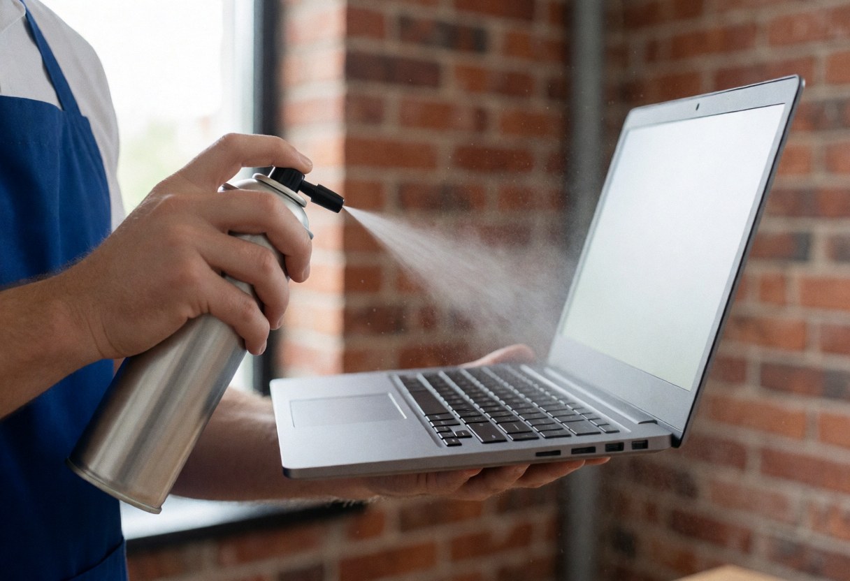 Technician in blue apron cleaning laptop ventilation with compressed air, dust particles floating, red brick wall background