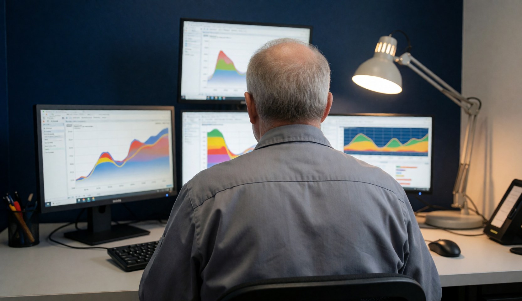 Computer repair technician analyzing data graphics on multiple monitors with a desk lamp and organized workspace