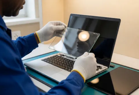 Technician wearing gloves replaces a laptop screen in a clean workshop with a new bright display and organized background