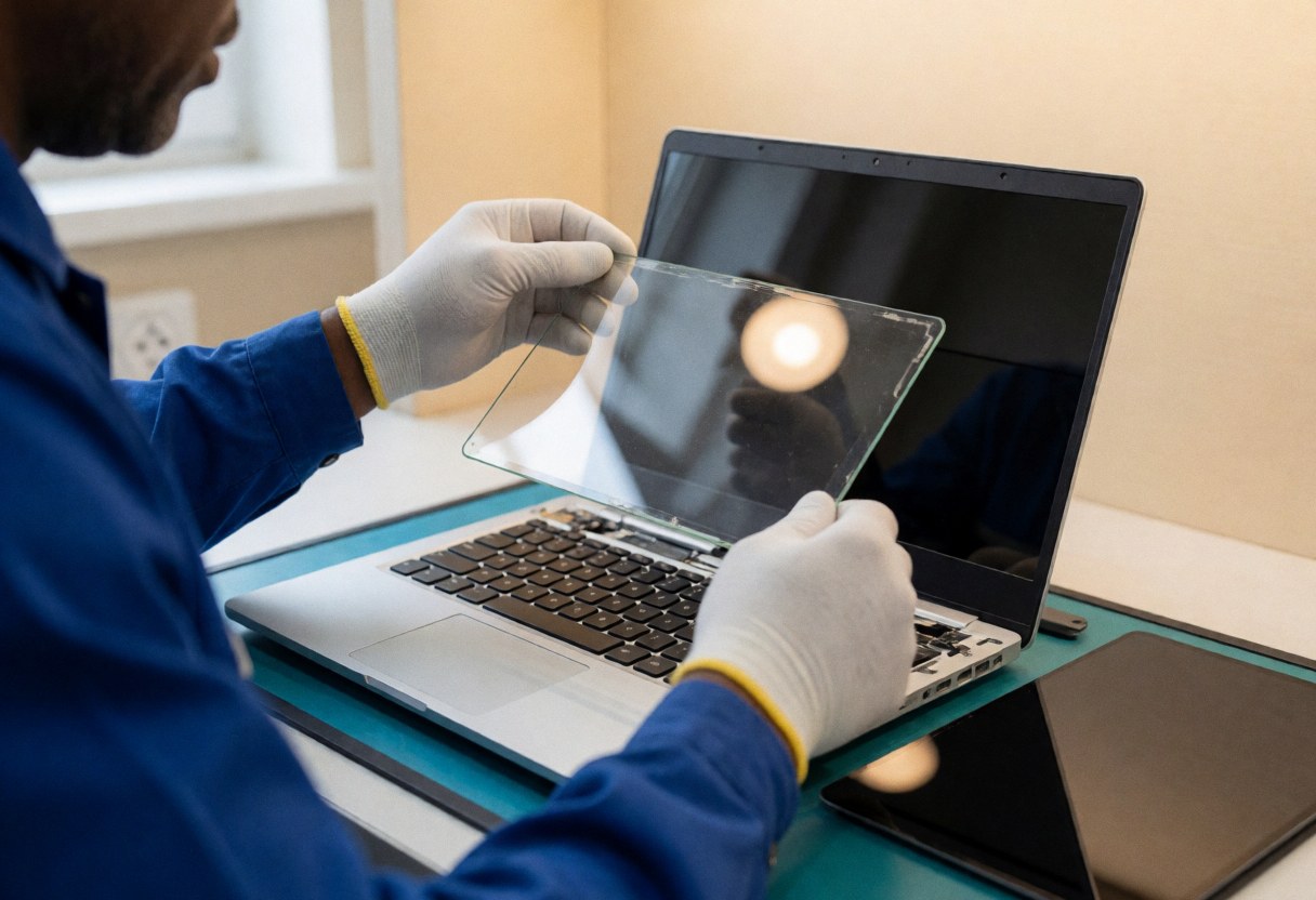 Technician wearing gloves replaces a laptop screen in a clean workshop with a new bright display and organized background