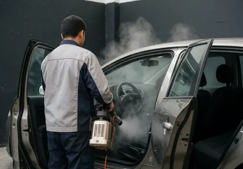 A technician uses a steam machine to clean and deodorize the interior of a car with doors open during a professional auto detailing service.