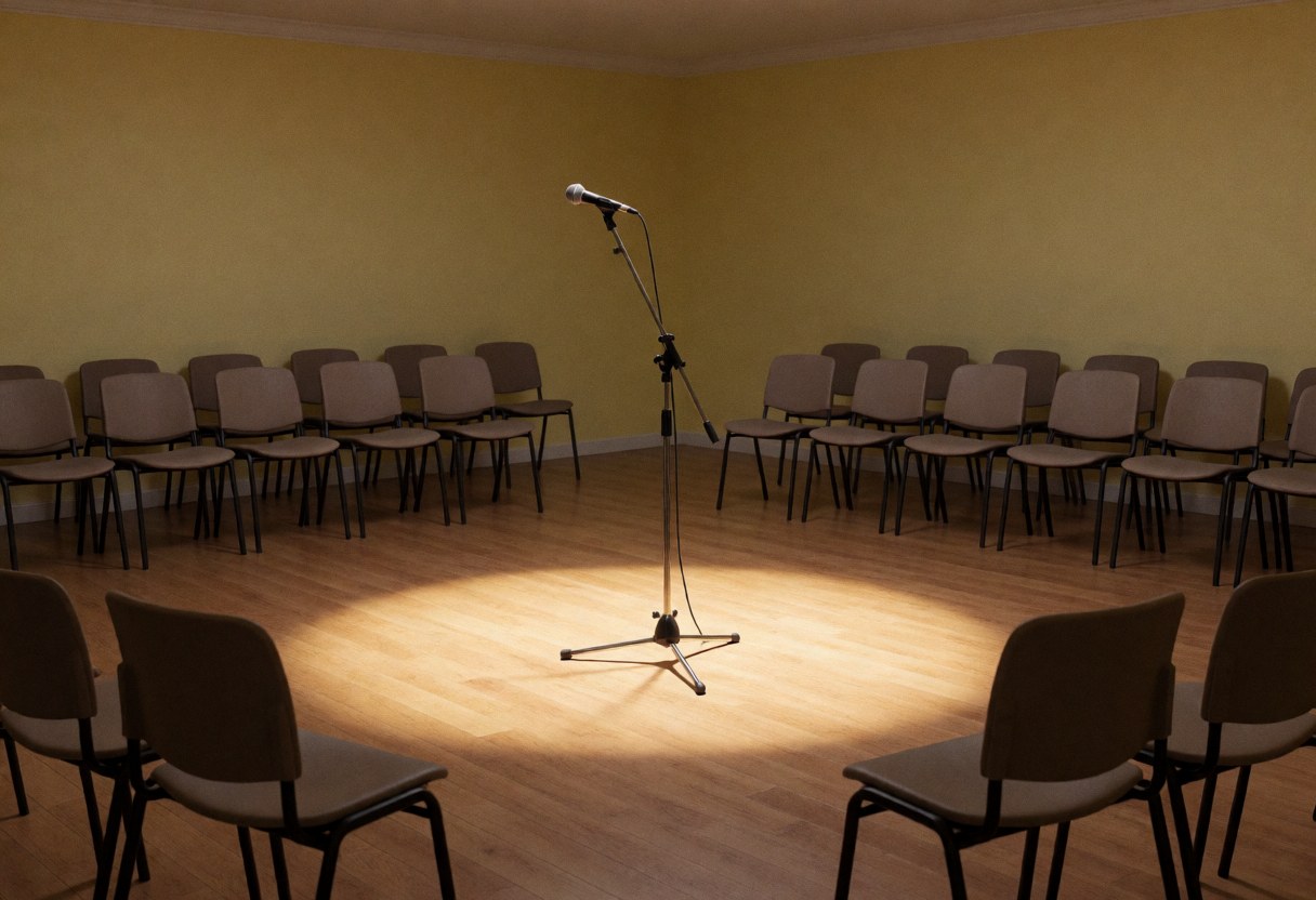 An empty recital stage featuring a central microphone, audience chairs, and warm lighting on the wooden floor.