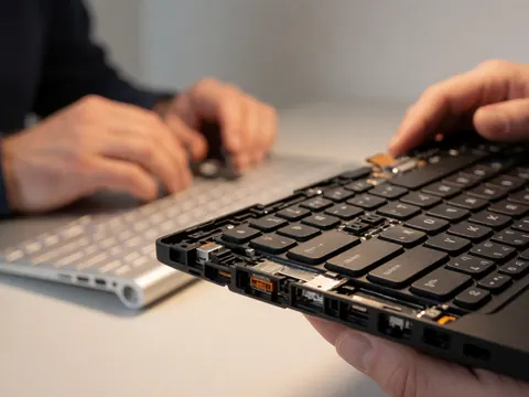 Close-up view of hands working on a computer keyboard, revealing internal cables and plastic structure during repair