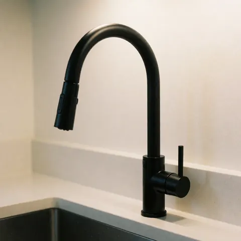 Matte black faucet with integrated shower head mounted on a white countertop against white walls with warm lighting and minimalist design