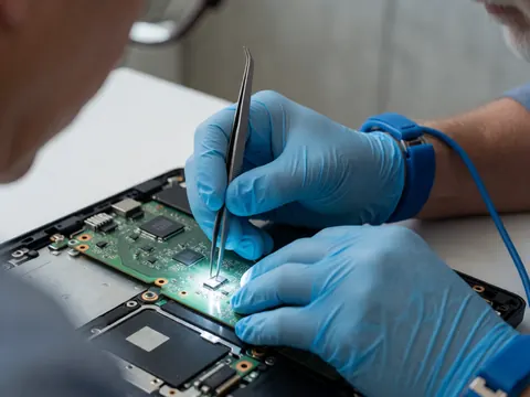 Close-up of technician using tweezers to replace a component on a laptop motherboard with focused LED lighting on circuit details.