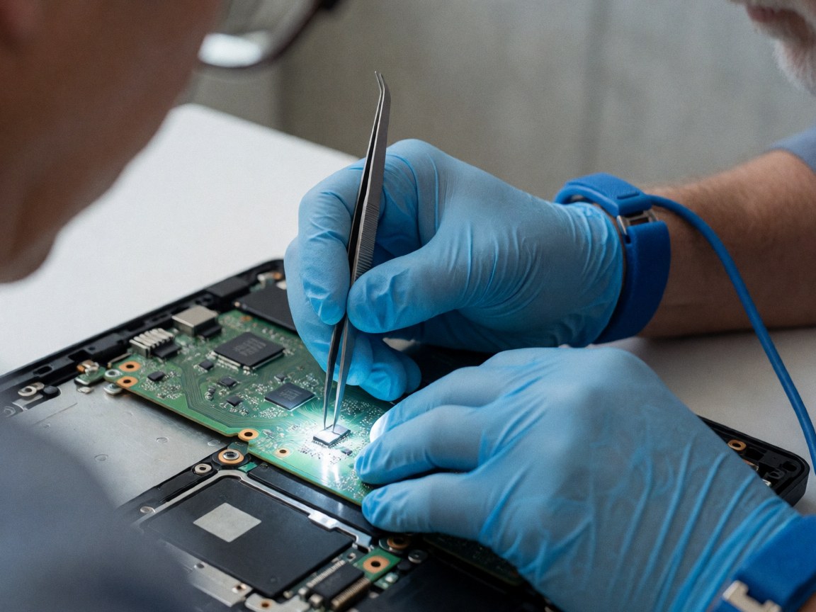 Close-up of technician using tweezers to replace a component on a laptop motherboard with focused LED lighting on circuit details.