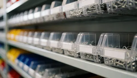 Metal shelving unit holding clear plastic bins filled with screws and small electronic components, with a blurred background suitable for text overlay.
