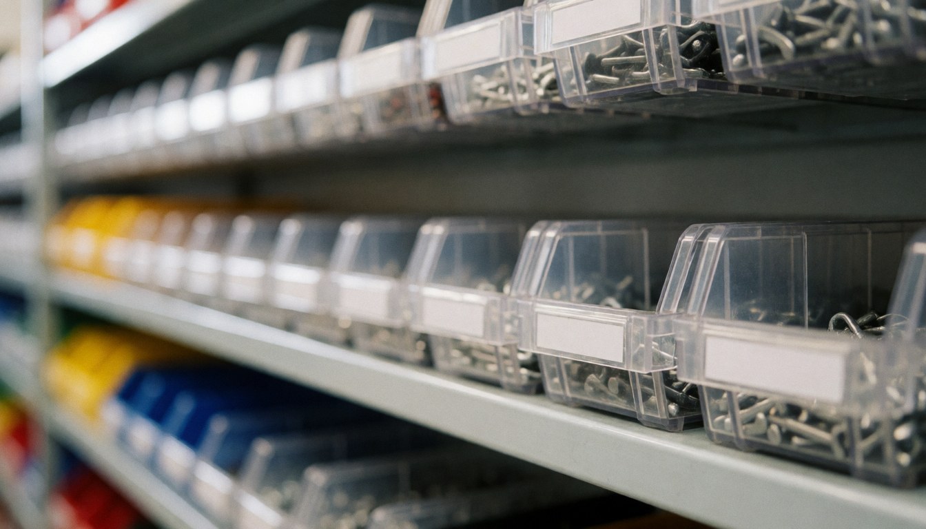 Metal shelving unit holding clear plastic bins filled with screws and small electronic components, with a blurred background suitable for text overlay.