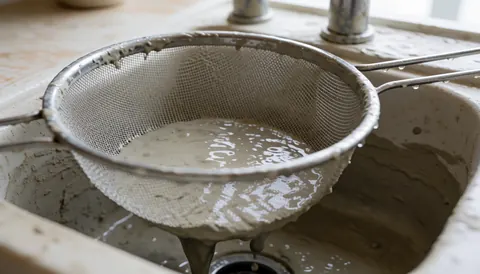 Metal strainer in ceramic sink with wet clay spilling out, showing workshop scene with diffused light and clay texture