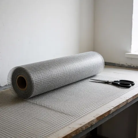 A roll of fiberglass reinforcement mesh partially unrolled on a workbench next to black scissors against a white wall.