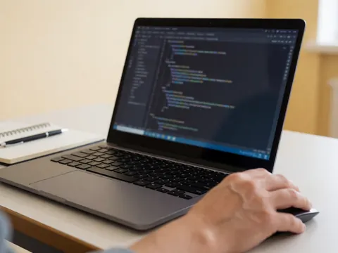 Close-up of a hand using a mouse on a laptop displaying code, with a notebook and pen on the desk in soft lighting