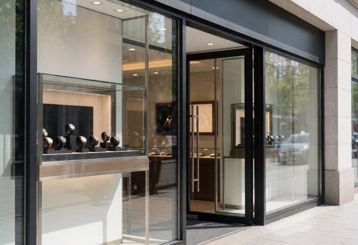 Modern watch store featuring a glass display case with timepieces on the counter, glass entrance, and natural light creating an elegant atmosphere.