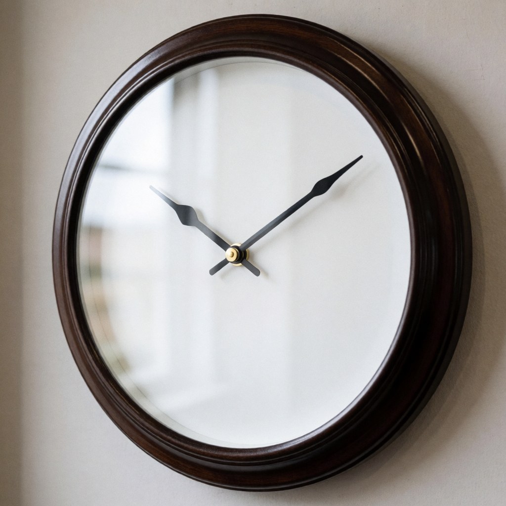 A wall clock featuring a dark wooden frame and a white dial, mounted on a white wall with soft lighting.
