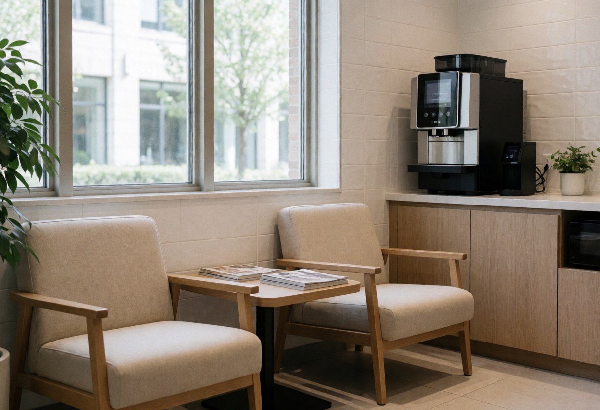 Modern waiting area featuring two chairs, a table with magazines, and a coffee machine illuminated by natural light from large windows.