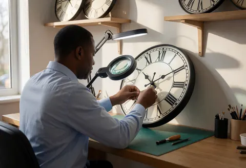 Watch repair specialist assembling a watch using a magnifying lamp, with tools and accessories on a tidy desk near a window with natural light