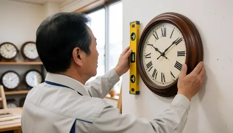 Watch repair specialist installs a large wooden wall clock with Roman numerals using a yellow level in a workshop with shelves of clocks.