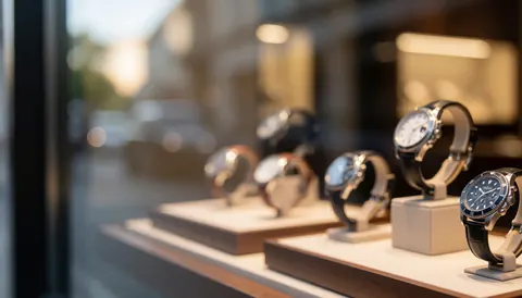 A display case filled with watches on stands, featuring a blurred background with street reflections and warm interior light, suitable for text overlays