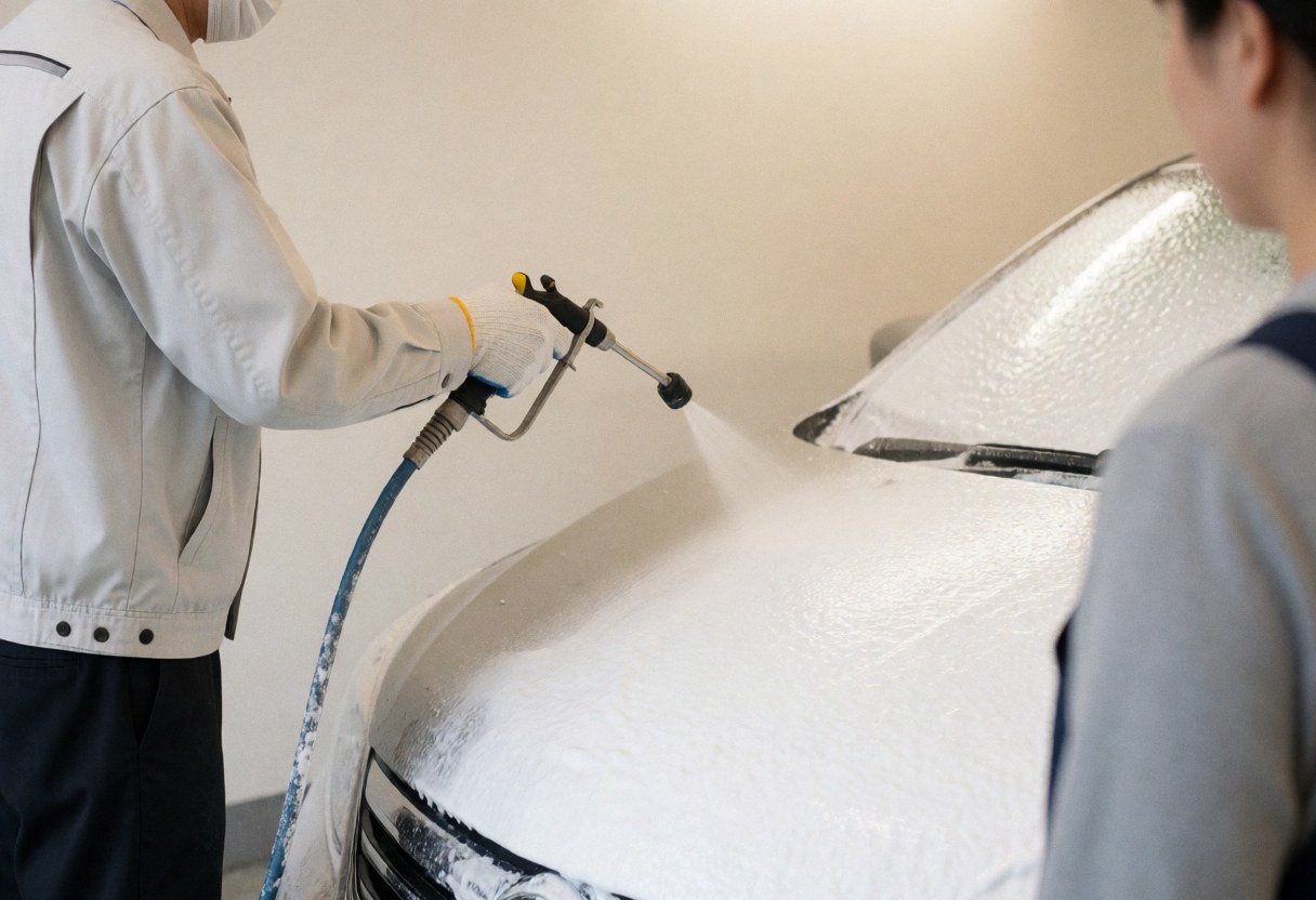 A worker sprays white foam from a hose onto a car hood against a warm white wall during a car wash service.