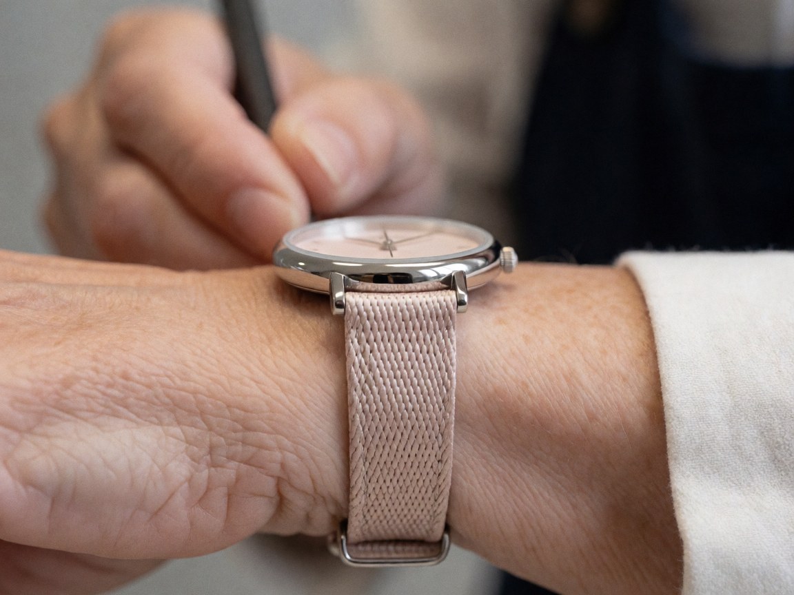 Close-up of a pink fabric watch strap clasp on an adult wrist with a blurred background, highlighting the polished bezel and elegant design.
