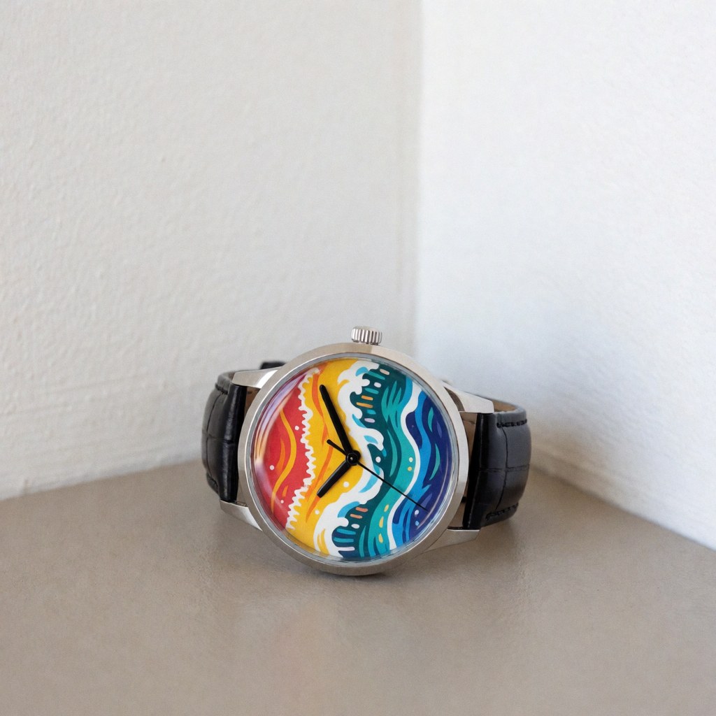 Close-up of a wristwatch featuring a vibrant tropical wave dial and black strap on a neutral surface with natural lighting