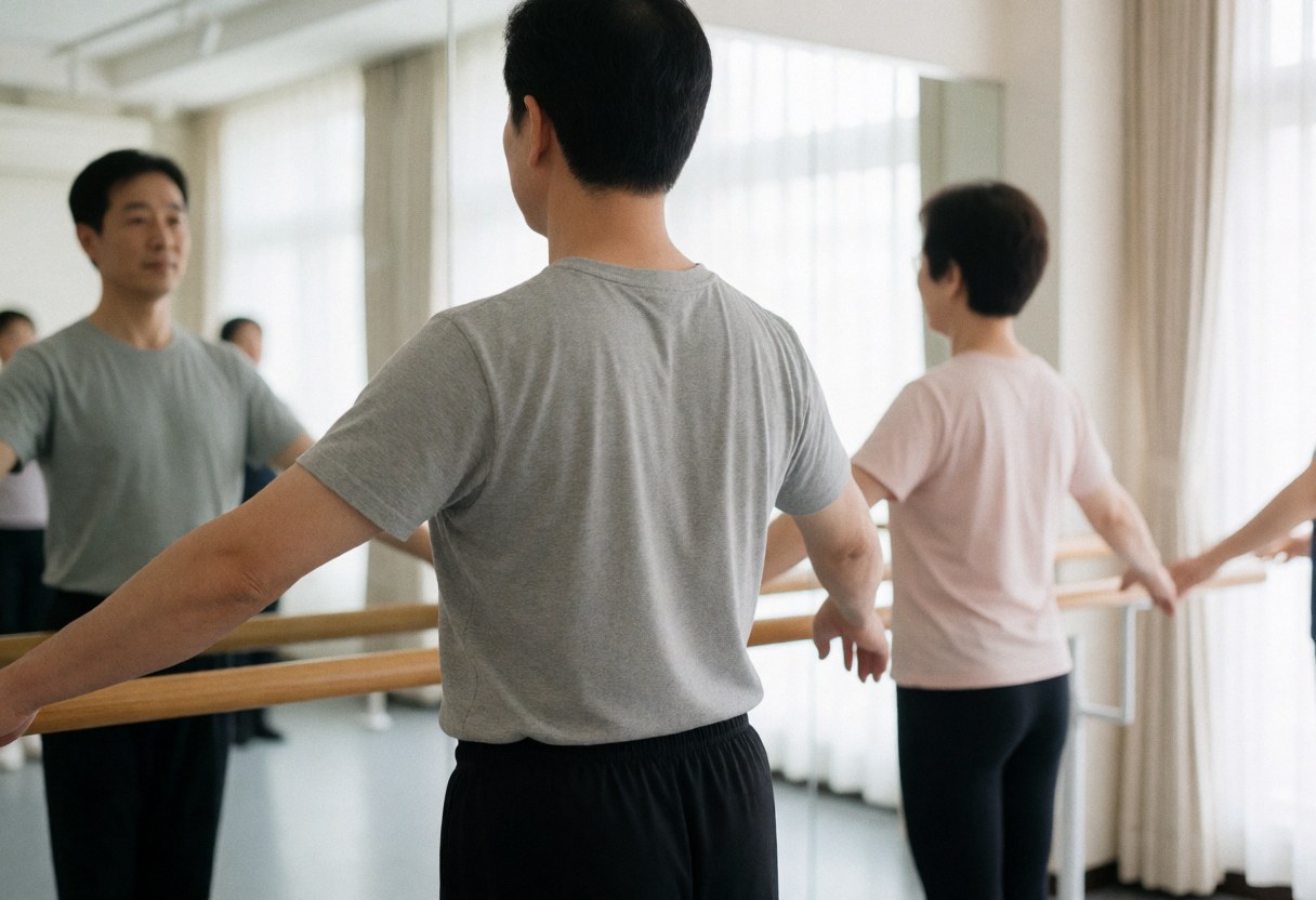 An adult man stretches at a ballet barre in a dance studio with natural light and mirrors.