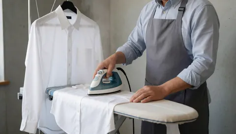 A professional wearing a gray apron irons a white shirt on an ironing board in a sewing workshop with concrete walls.
