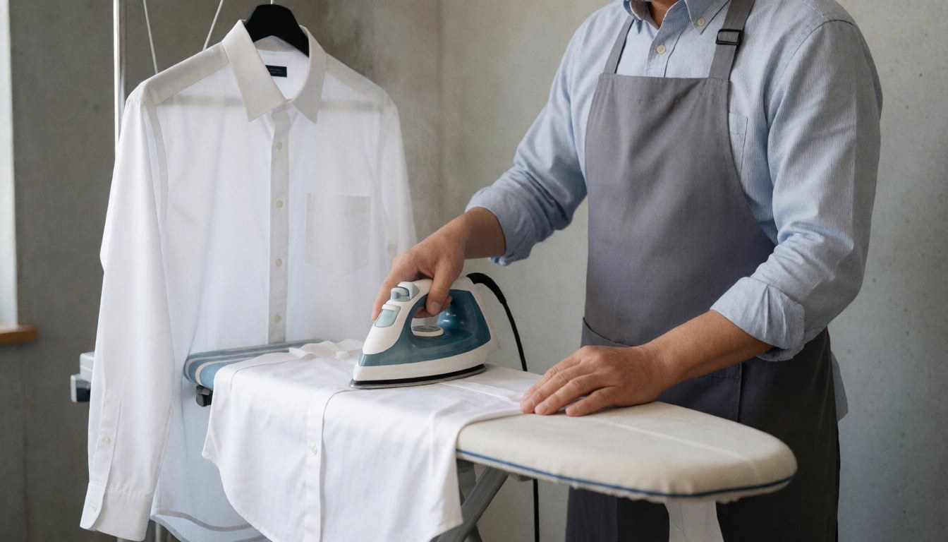 A professional wearing a gray apron irons a white shirt on an ironing board in a sewing workshop with concrete walls.