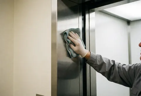 Technician wearing white glove cleans stainless steel elevator door with cloth, reflecting clean interior against warm white walls.
