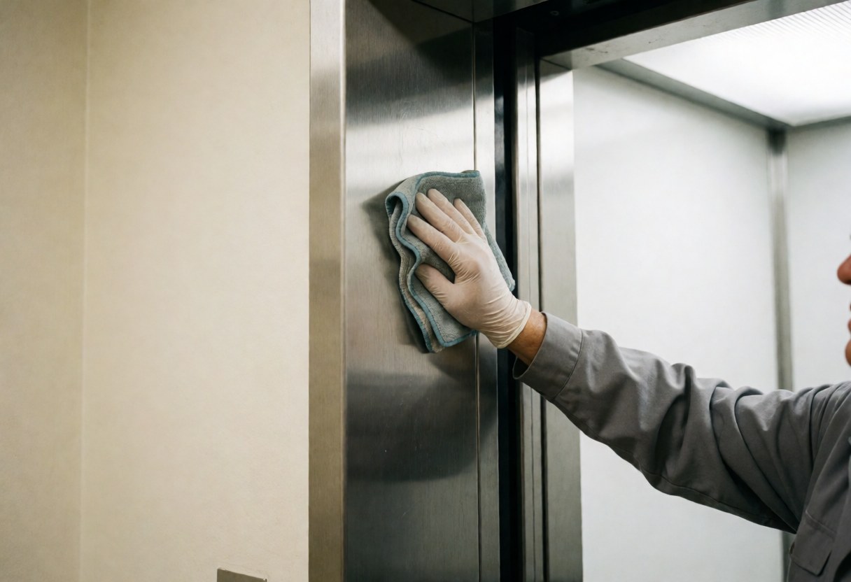 Technician wearing white glove cleans stainless steel elevator door with cloth, reflecting clean interior against warm white walls.