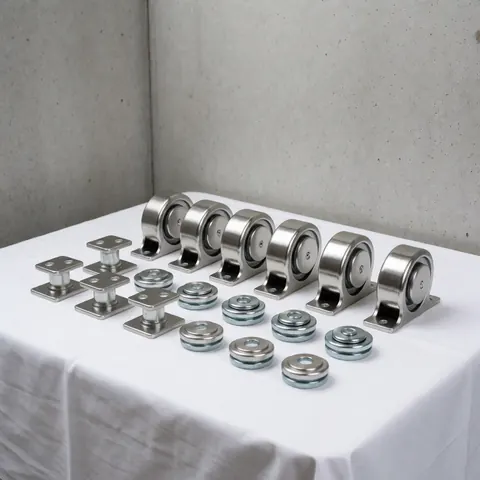 New shiny stainless steel elevator wheels and guide rails arranged neatly on white cloth with concrete background