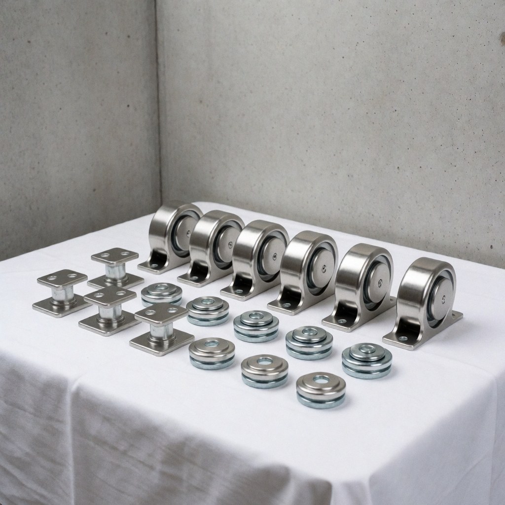 New shiny stainless steel elevator wheels and guide rails arranged neatly on white cloth with concrete background